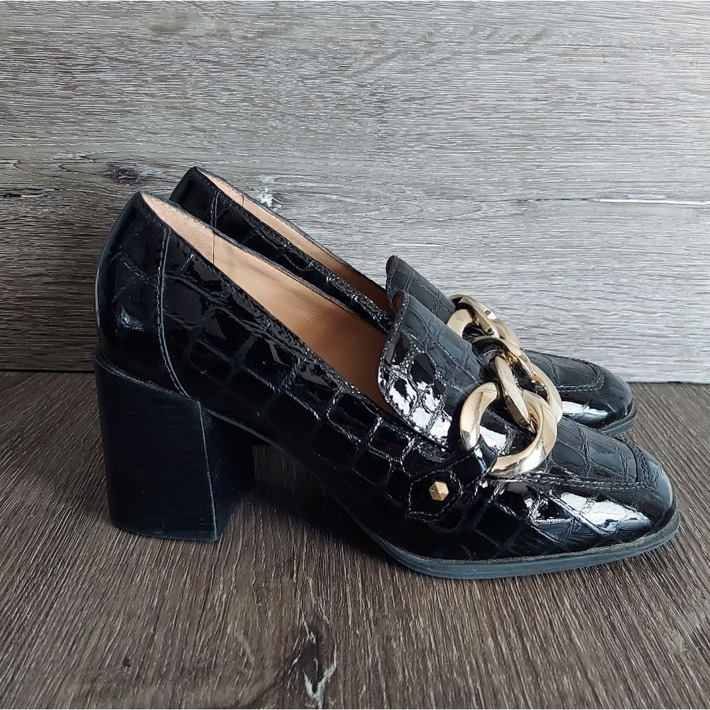 ANTONIO MELANI "Harpez" Patent Croc Embossed Black Leather Chunky Heel Loafers 6